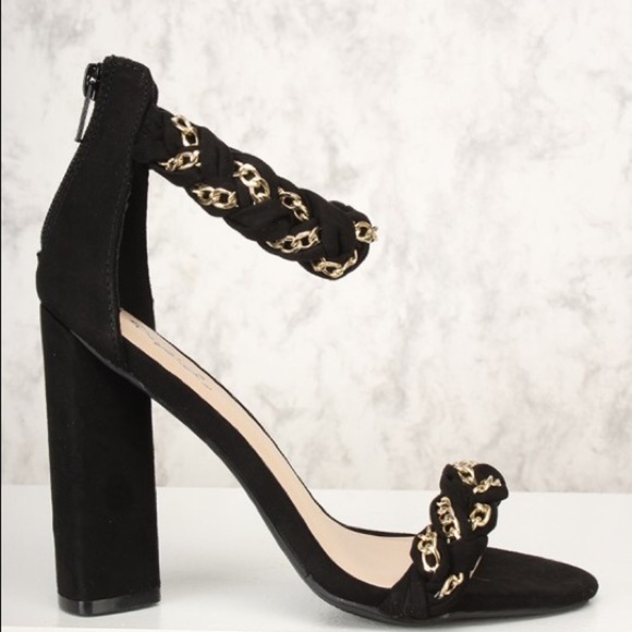 Qupid Shoes - Qupid Sexy Black Braided Chain Accent Chunky Heels